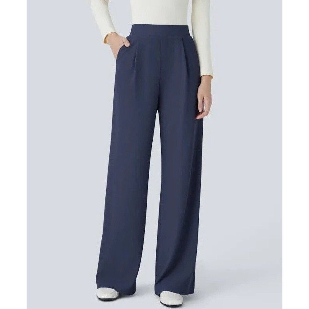 Halara Flex Women High Waisted Wide Leg Micro Waffle Work Pants Navy Size LTall